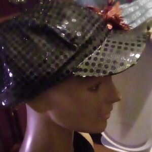 Fancy Floral Sequined Woman's Cap with Gisnt Rhinestones One Size Fits Most.
